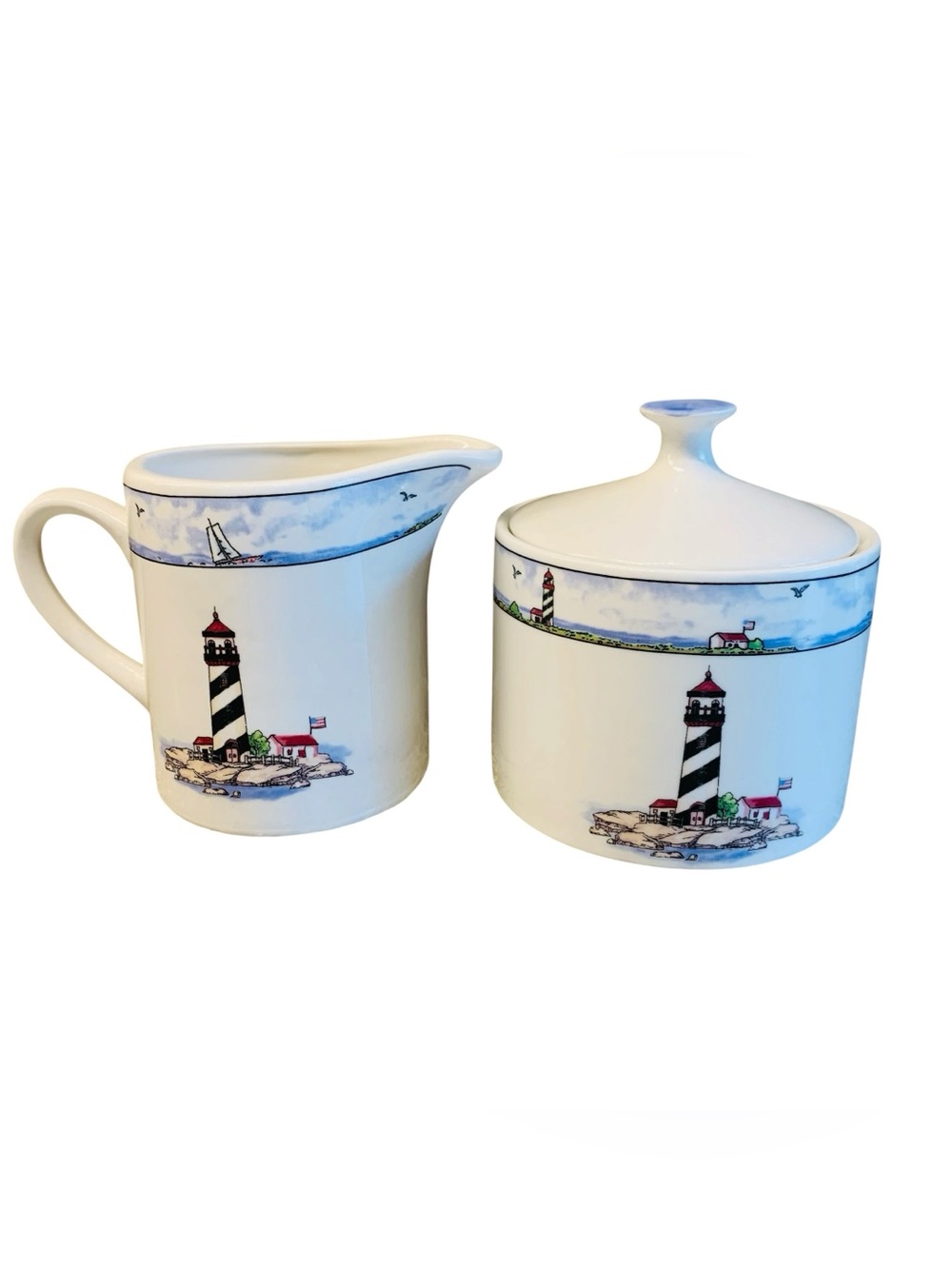Totally Today Coastal Lighthouse Ceramic Creamer and Sugar Set Nautical